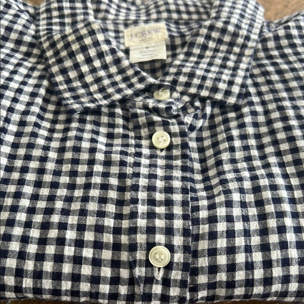 J. Crew Navy Blue and White Checkered Women’s Long Sleeve Shirt Size M - Picture 3 of 5